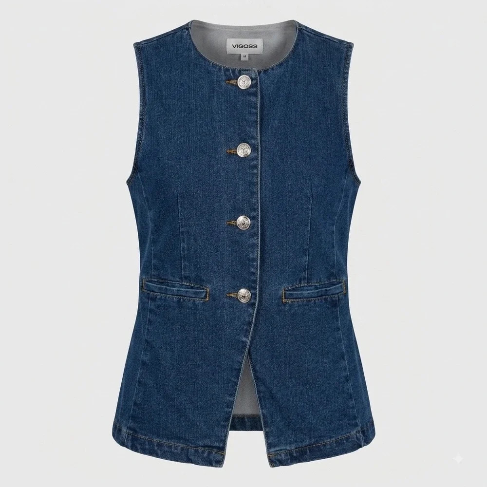 Vtg Vigoss Blue Denim Vest Top M Crest Buttons Y2K Western Boho Chic Equestrian